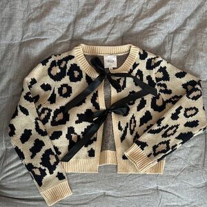Le Lis Black and Cream Leopard Bow cropped Cardigan